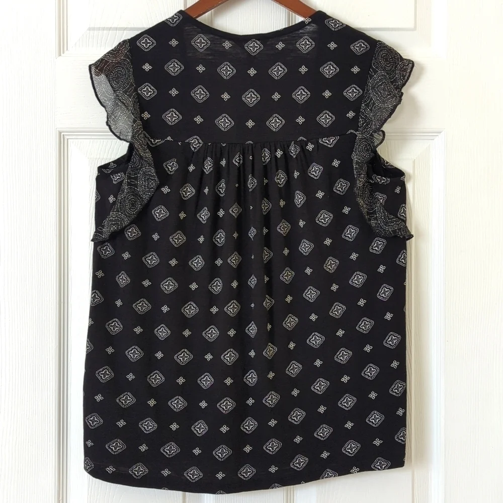 Lucky Brand Bohemian Printed Flutter Cap Sleeve Relaxed V-neck Blouse Black S - Picture 9 of 10